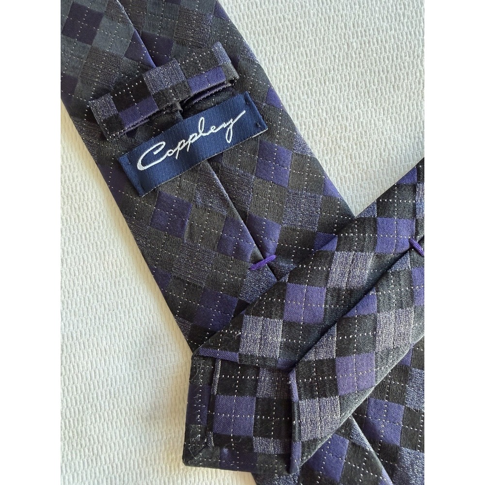 Coppley	Black Purple Plaid Check Argyle Woven XL 61" Long 100% Silk Tie Necktie